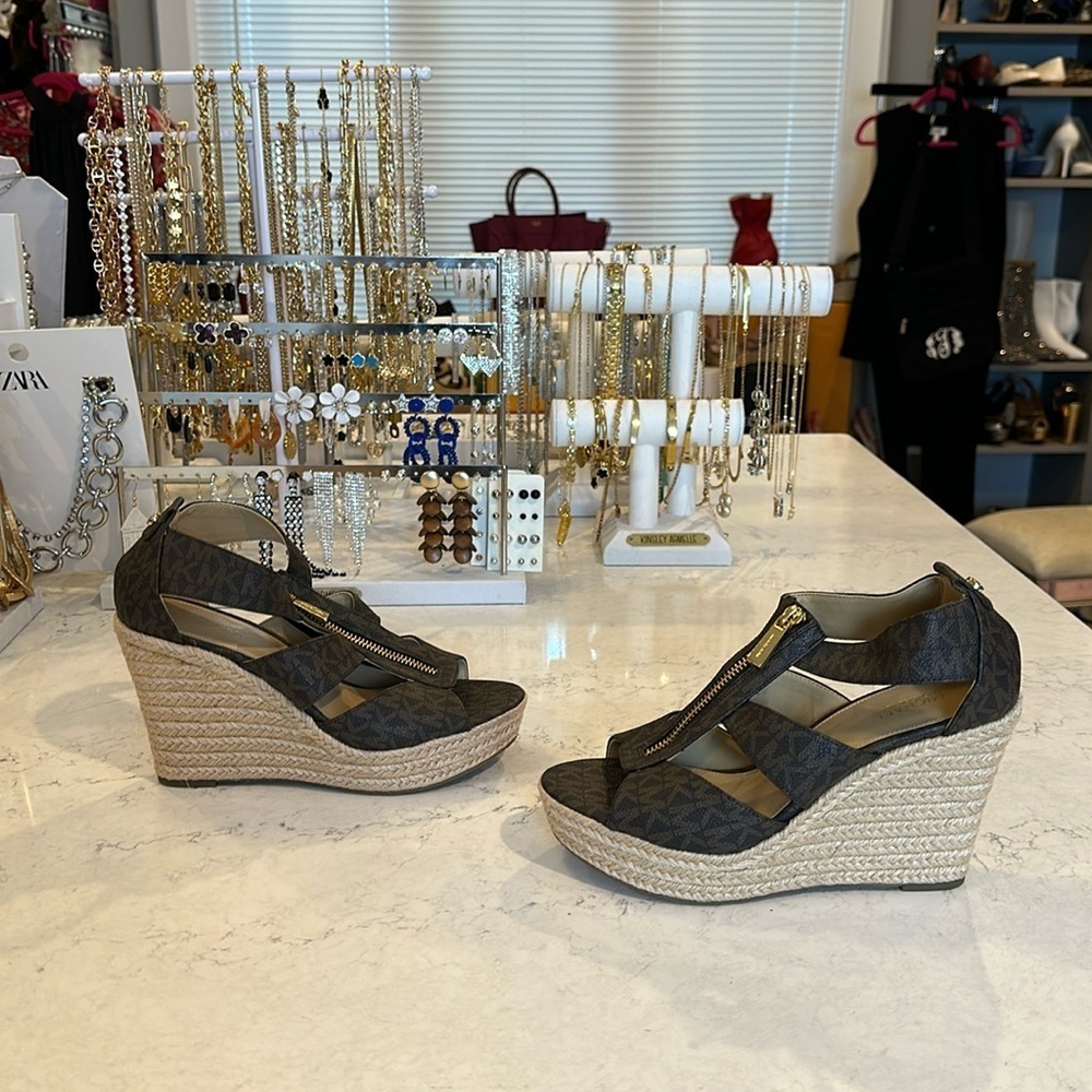Michael Kors brown monogram wedge sandals size 7